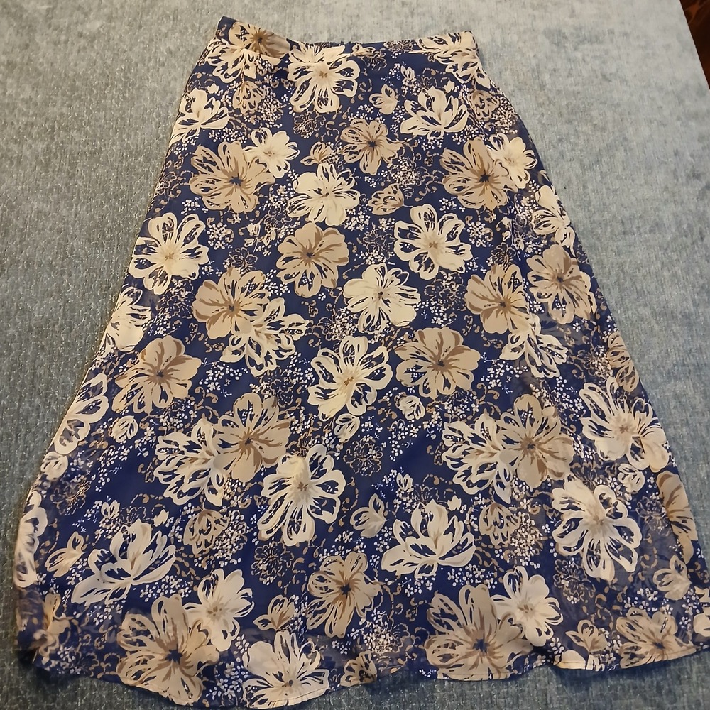 Floral Maxi Skirt Navy Blue Tan A-Line Chiffon Lined Size 12 Style 8574235
